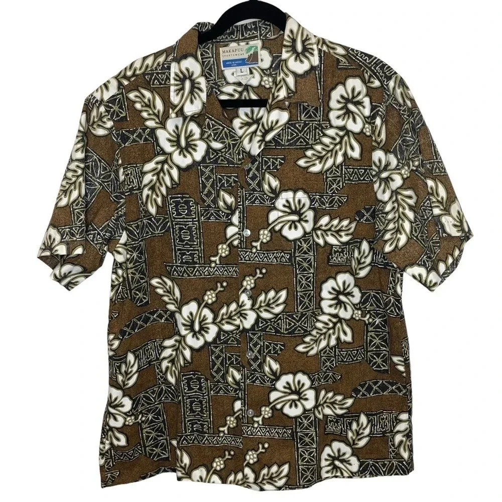 Mens Hawaiian shirt brown button up short sleeve